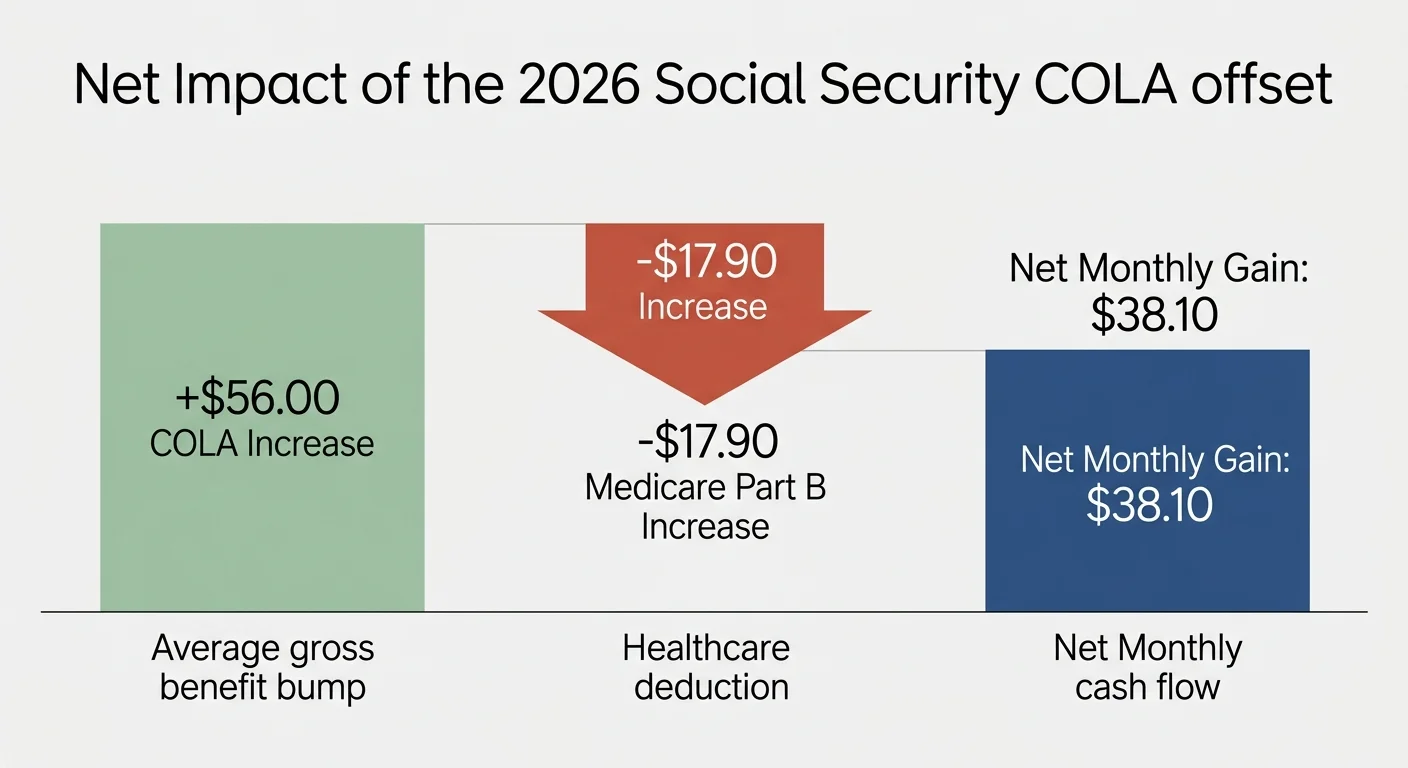 A horizontal bar diagram demonstrating how the $17.90 Medicare Part B increase offsets the $56.00 COLA increase, leaving a $38.10 net gain.
