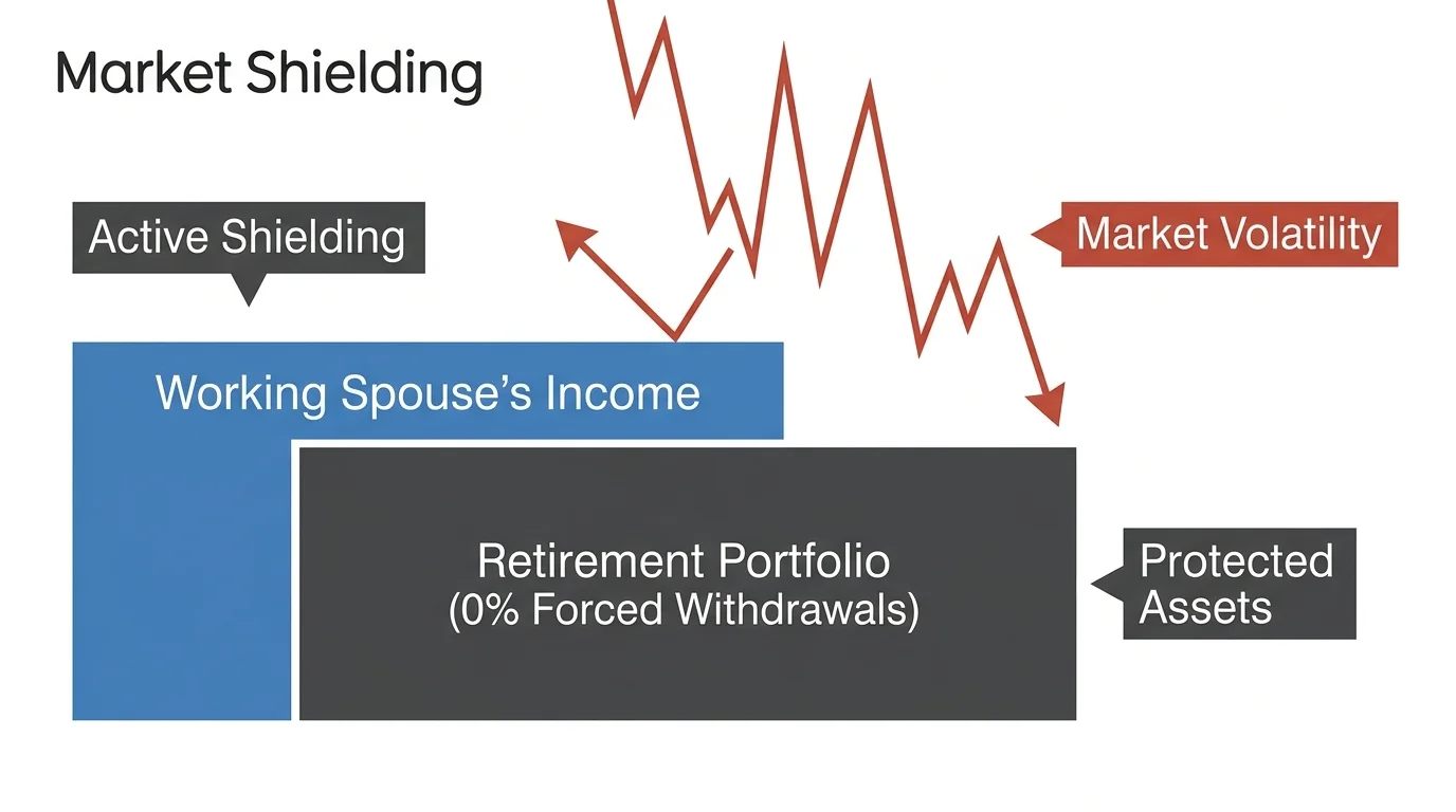 A horizontal block diagram showing how active income from one working spouse shields a retirement portfolio from market volatility.