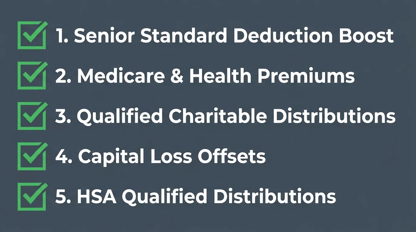 A horizontal checklist infographic summarizing the five main overlooked tax deductions for retirees.
