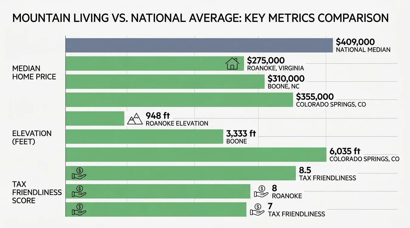A horizontal comparison chart comparing mountain town real estate prices to the national median of $409,000.