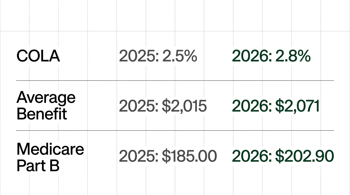 A horizontal comparison chart showing changes in COLA, average benefits, and Medicare premiums from 2025 to 2026.
