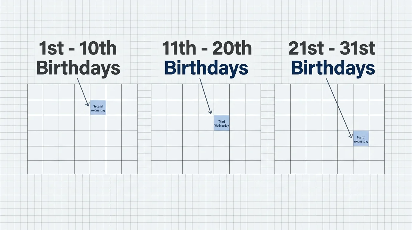 A horizontal diagram mapping birth dates to their corresponding monthly payment Wednesdays.