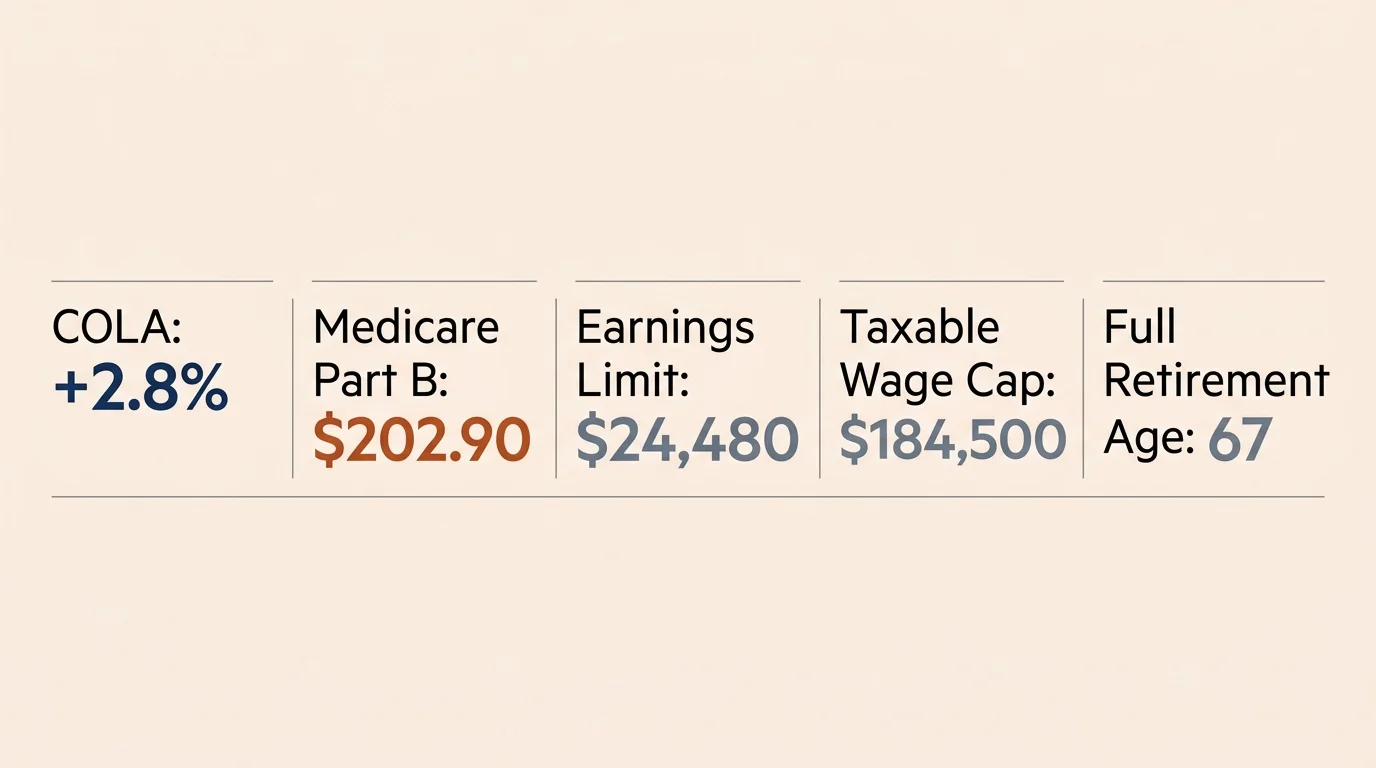 A horizontal editorial infographic showing key 2026 Social Security updates, including the 2.8% COLA and $24,480 earnings limit.