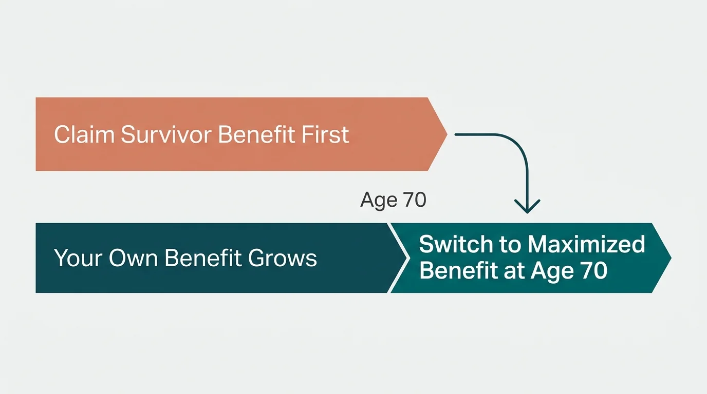 A horizontal flow diagram showing the strategy of claiming a survivor benefit first, then switching to a maximized personal benefit at age 7
