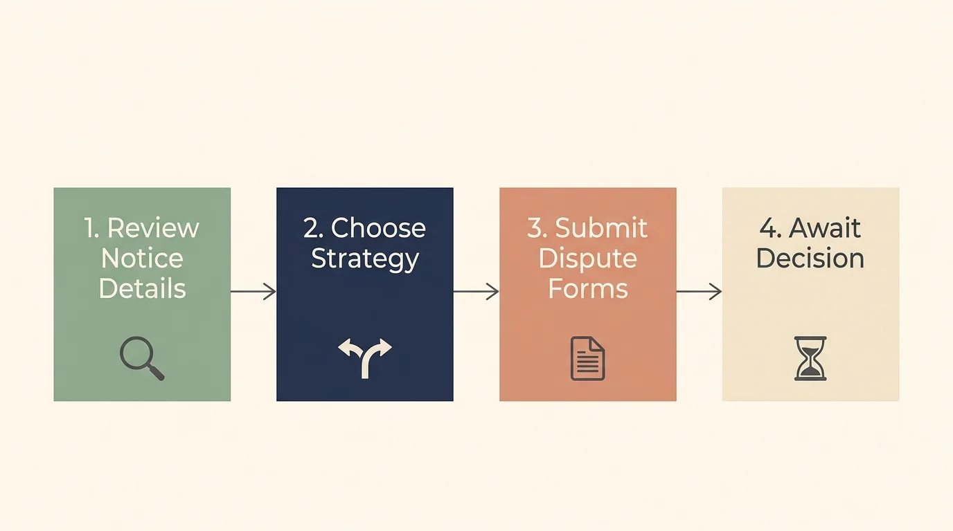 A horizontal flowchart mapping out the four steps to dispute or negotiate an overpayment notice.
