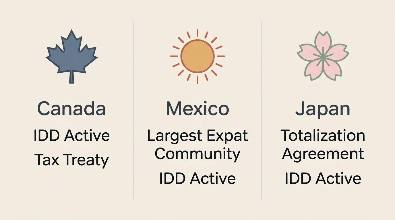 A horizontal infographic comparing Canada, Mexico, and Japan as popular destinations for U.S. Social Security recipients.