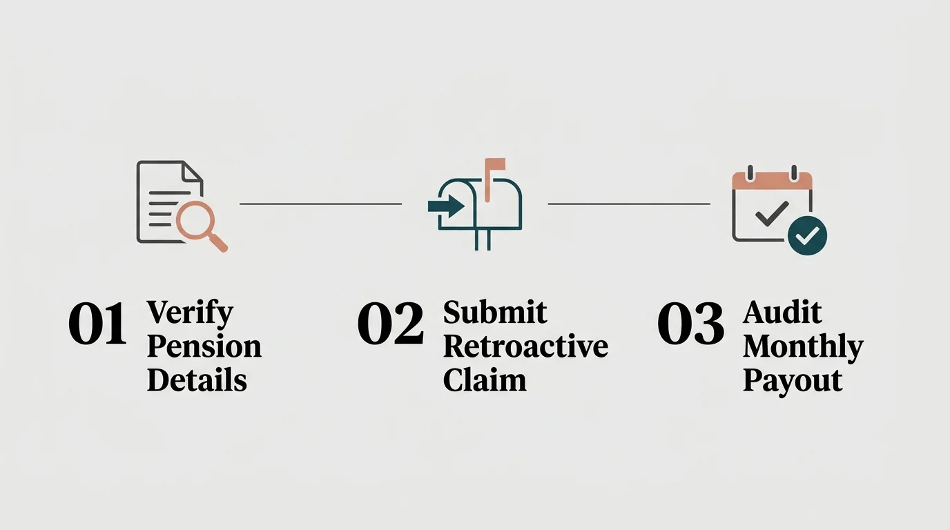 A horizontal three-step flowchart showing the steps: Verify Pension Details, Submit Retroactive Claim, and Audit Monthly Payout.