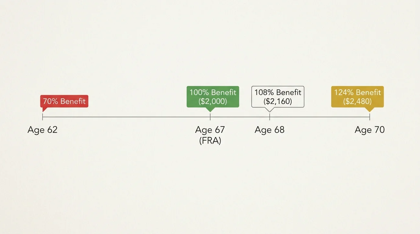 A horizontal timeline diagram comparing the benefit amounts at Age 62, Age 67, Age 68, and Age 70.