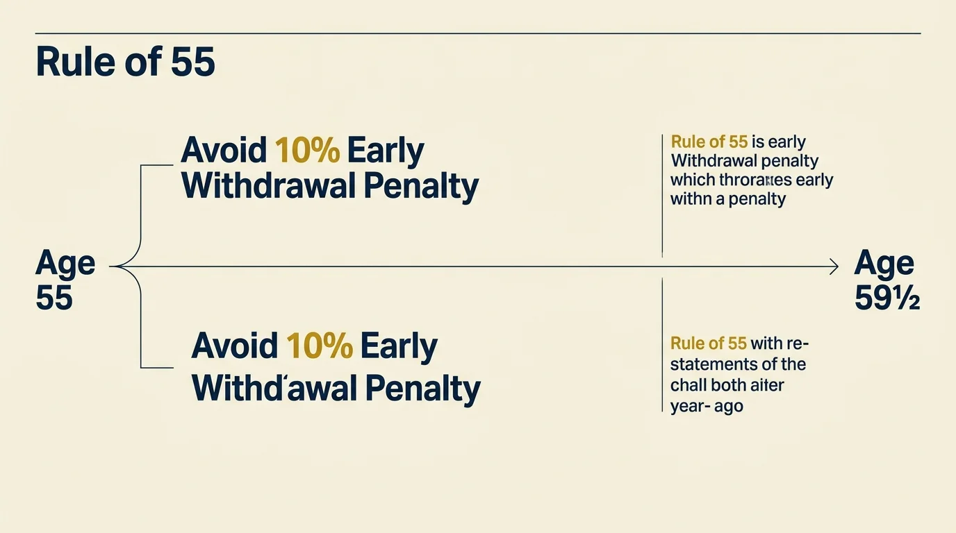 A horizontal timeline diagram explaining the Rule of 55 tax guidelines between Age 55 and Age 59 and a half.
