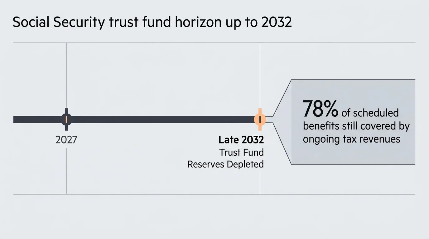 A horizontal timeline diagram highlighting the 2032 trust fund depletion date and the 78% benefit coverage safety net.