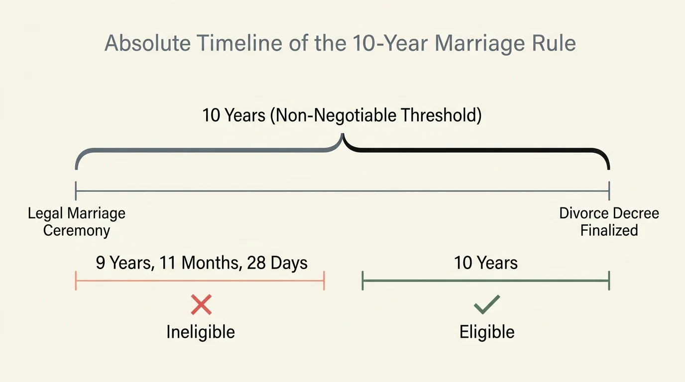 A horizontal timeline diagram showing the 10-year marriage rule requirement for divorced Social Security benefits.