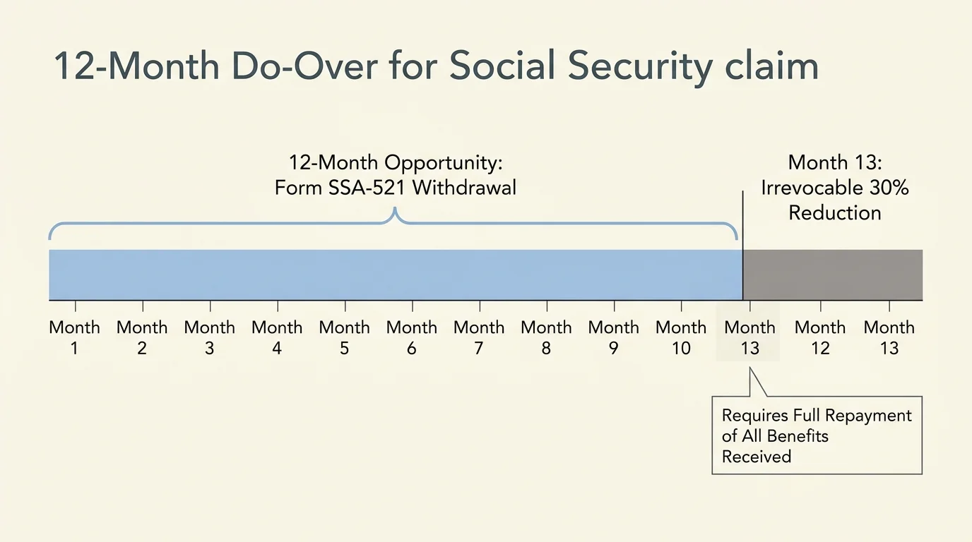 A horizontal timeline diagram showing the 12-month window to withdraw a Social Security application before the 30% reduction becomes permane