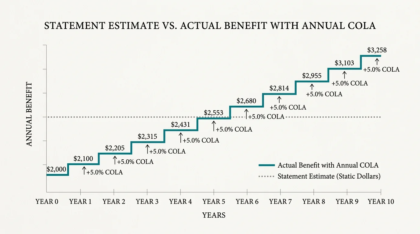 A line graph comparing a flat, static statement estimate against a rising staircase line representing annual COLA adjustments.