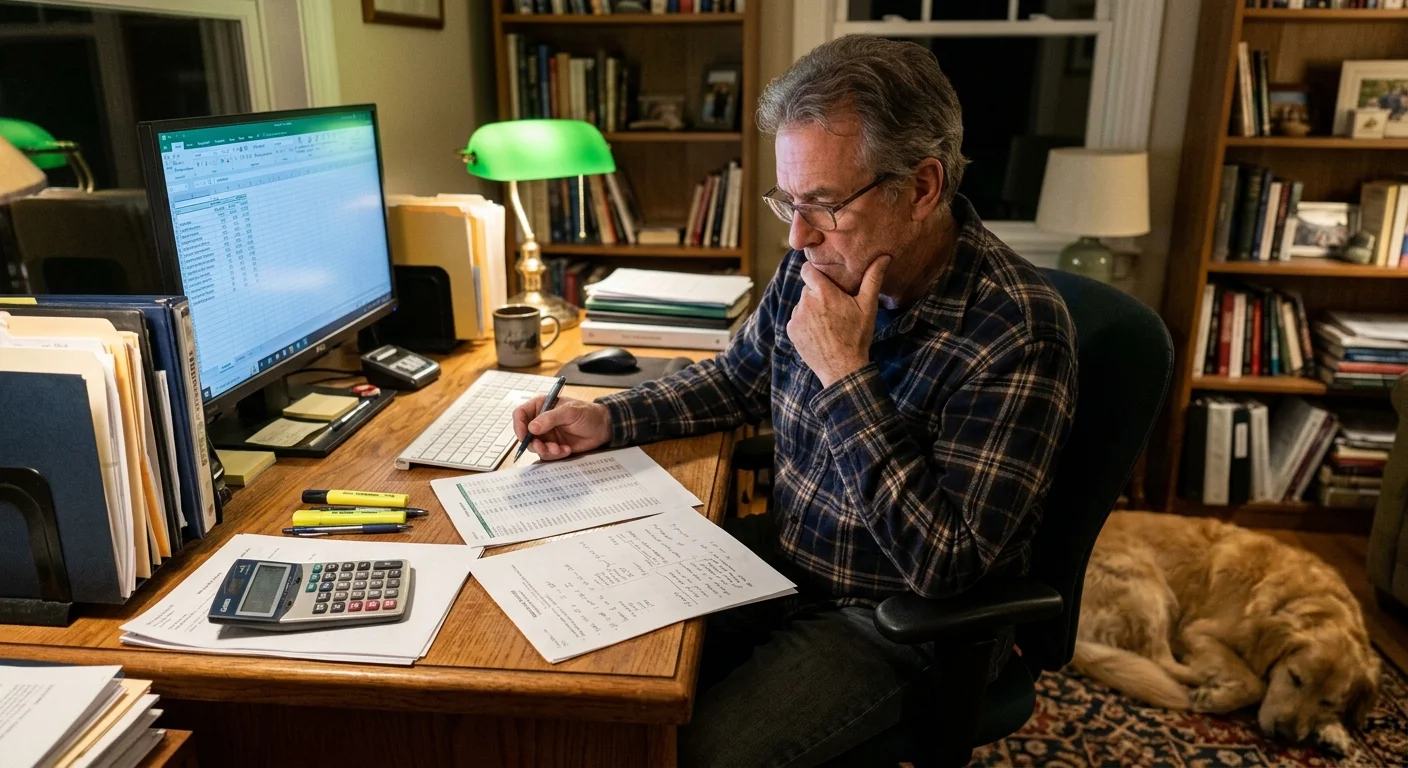 A man in a flannel shirt sitting at his home desk, looking thoughtfully at paperwork under a green desk lamp with his dog nearby.