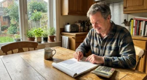 A man in his late 50s sitting at his kitchen table smiling at a handwritten budget ledger in the morning sun.