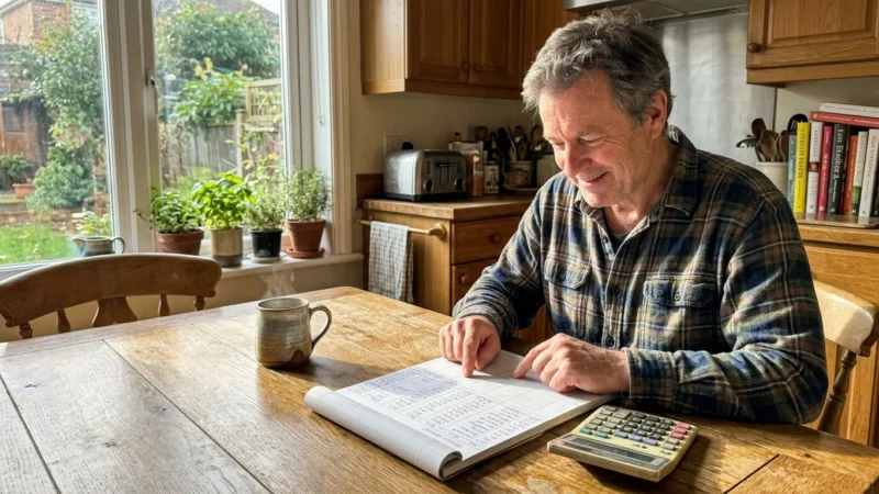 A man in his late 50s sitting at his kitchen table smiling at a handwritten budget ledger in the morning sun.