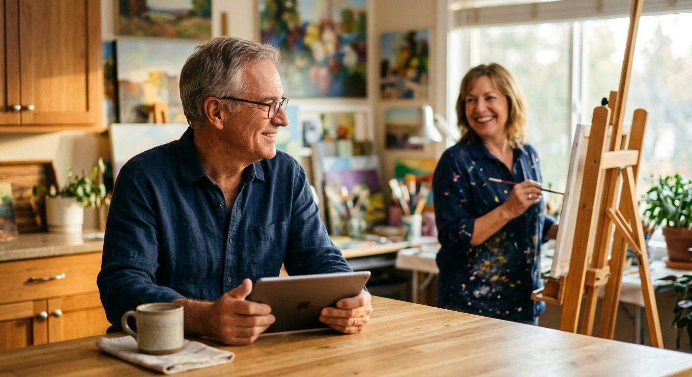 A man smiling at his wife as she paints in her home art studio, showcasing their separate, happy daily routines.