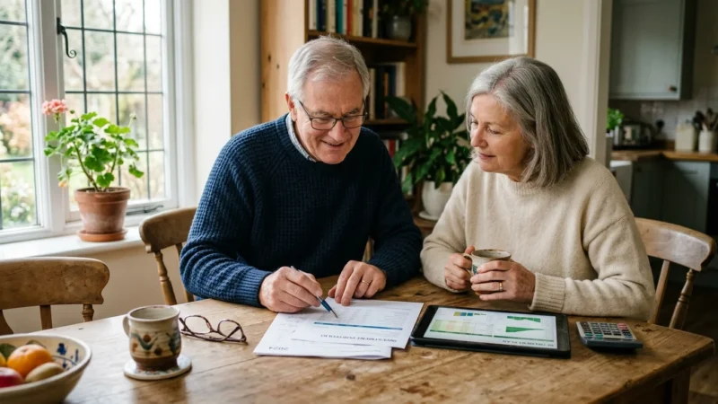A mature couple sits at a wooden dining table in soft morning light, reviewing retirement planning papers and a tablet together.