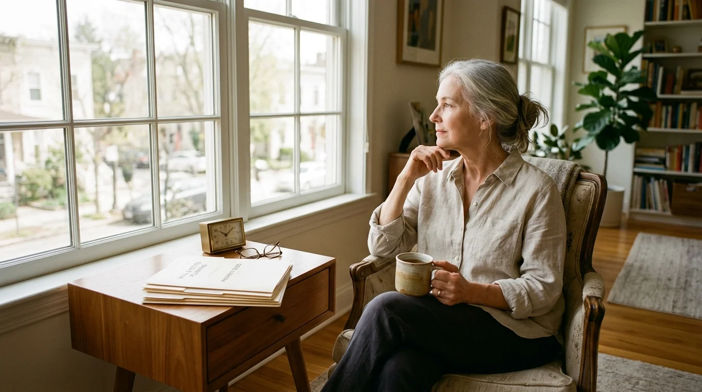 A mature, independent woman sits in her sun-drenched living room with a mug of tea, symbolizing financial independence.