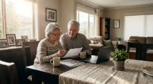 A mature multi-ethnic couple reviews retirement documents together at a sunlit dining table in their home.