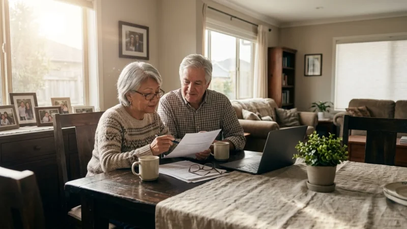 A mature multi-ethnic couple reviews retirement documents together at a sunlit dining table in their home.