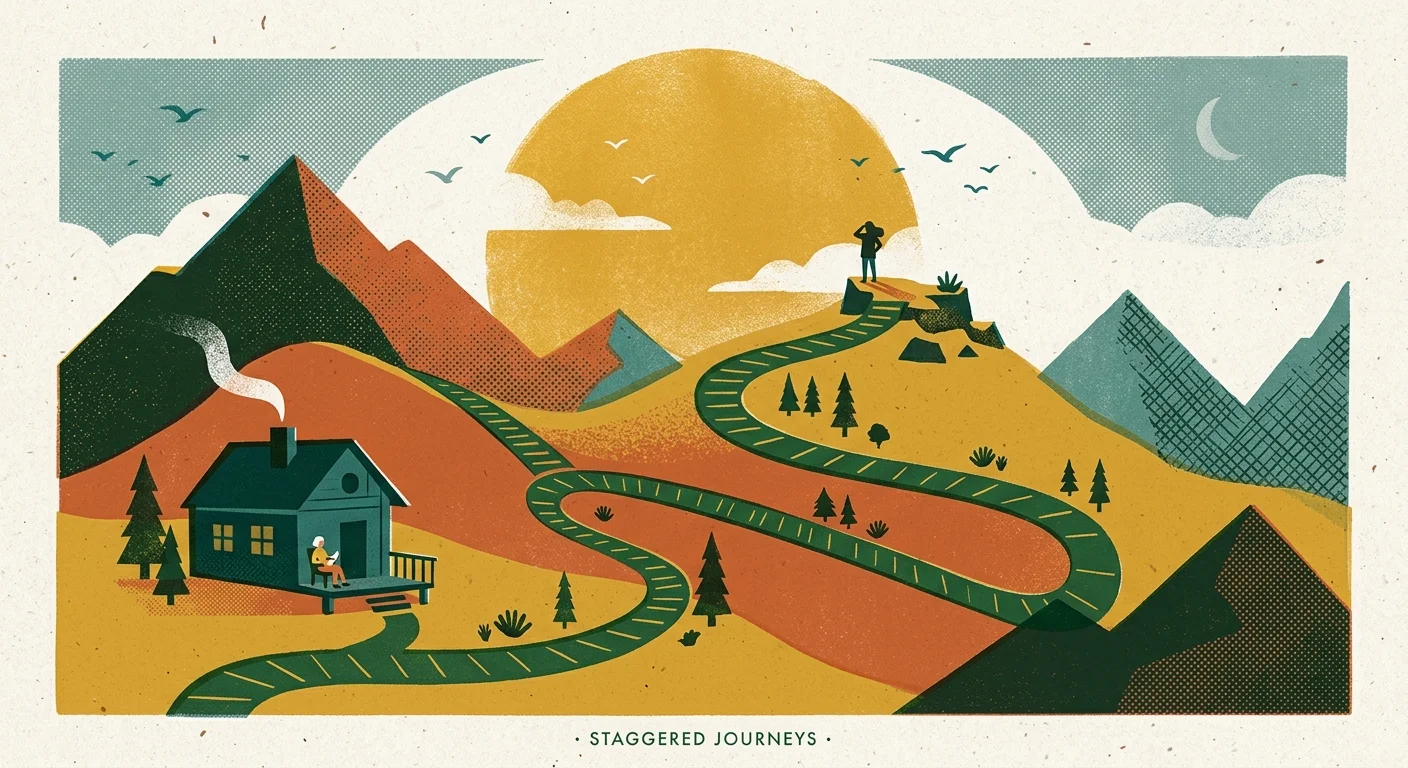 A mid-century gouache illustration of two parallel paths of different lengths winding up a scenic mountain ridge.