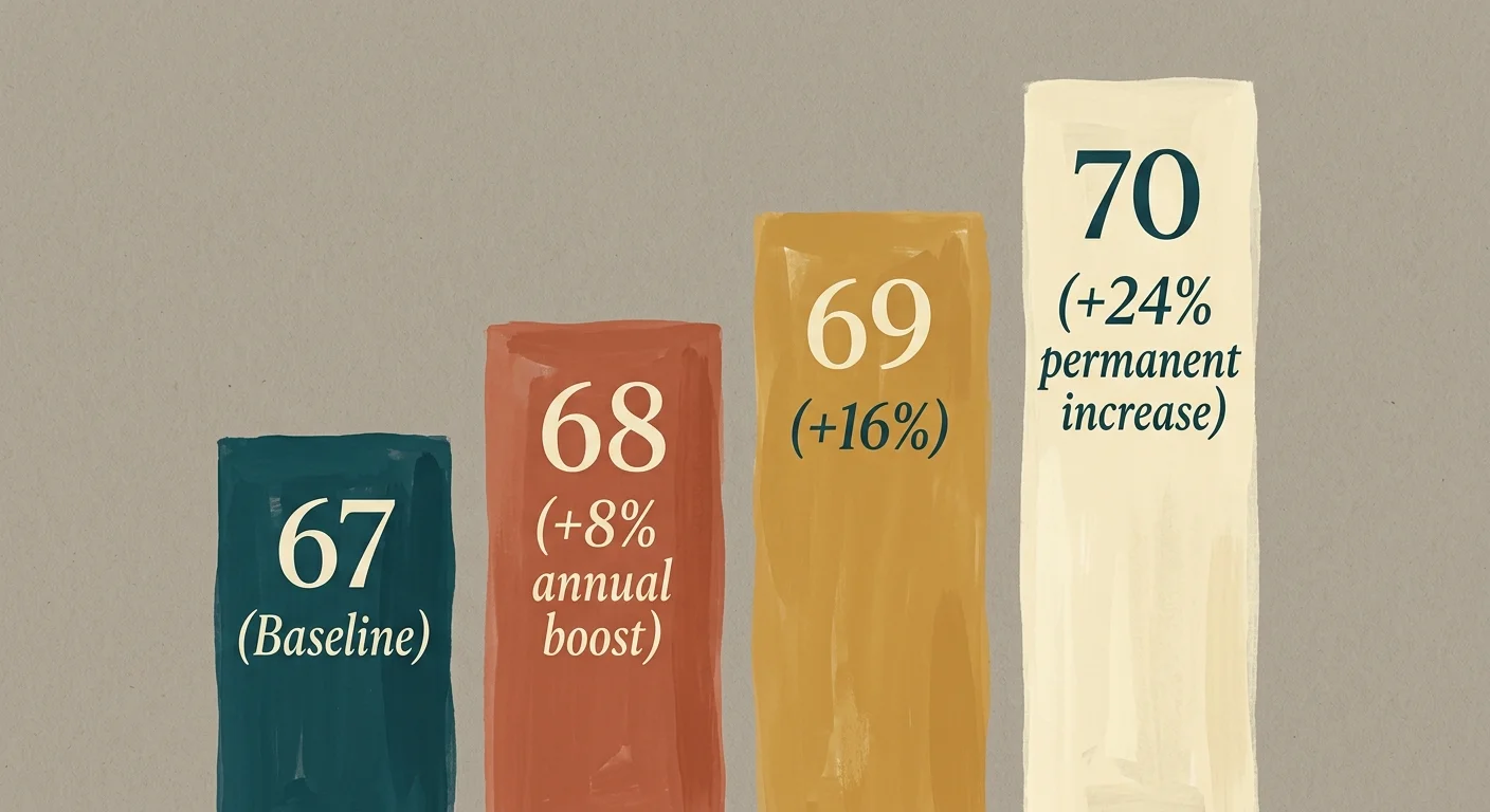 A mid-century gouache illustration showing four columns representing the 8% annual benefit increase from Age 67 to Age 70.