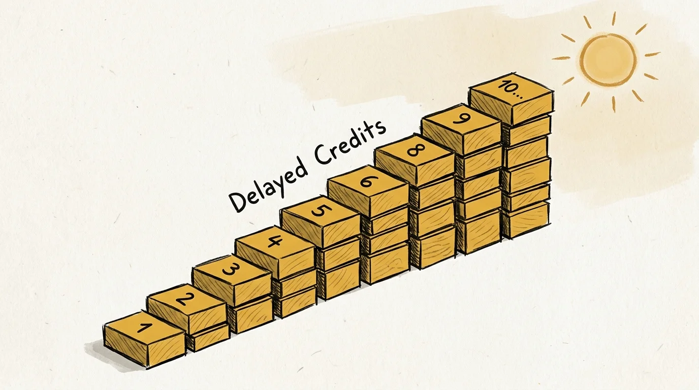 A minimalist drawing of a rising stack of golden blocks building toward a warm sun, representing earned credits.