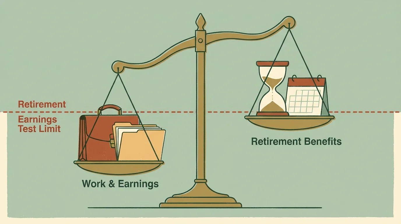 A minimalist editorial illustration of a balancing scale with office folders on one side and an hourglass on the other.