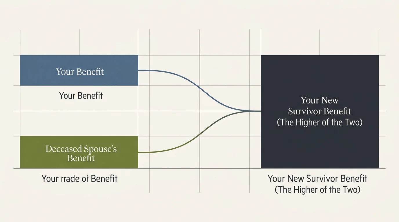 A minimalist financial diagram showing how individual benefits transition into a single, higher survivor benefit.