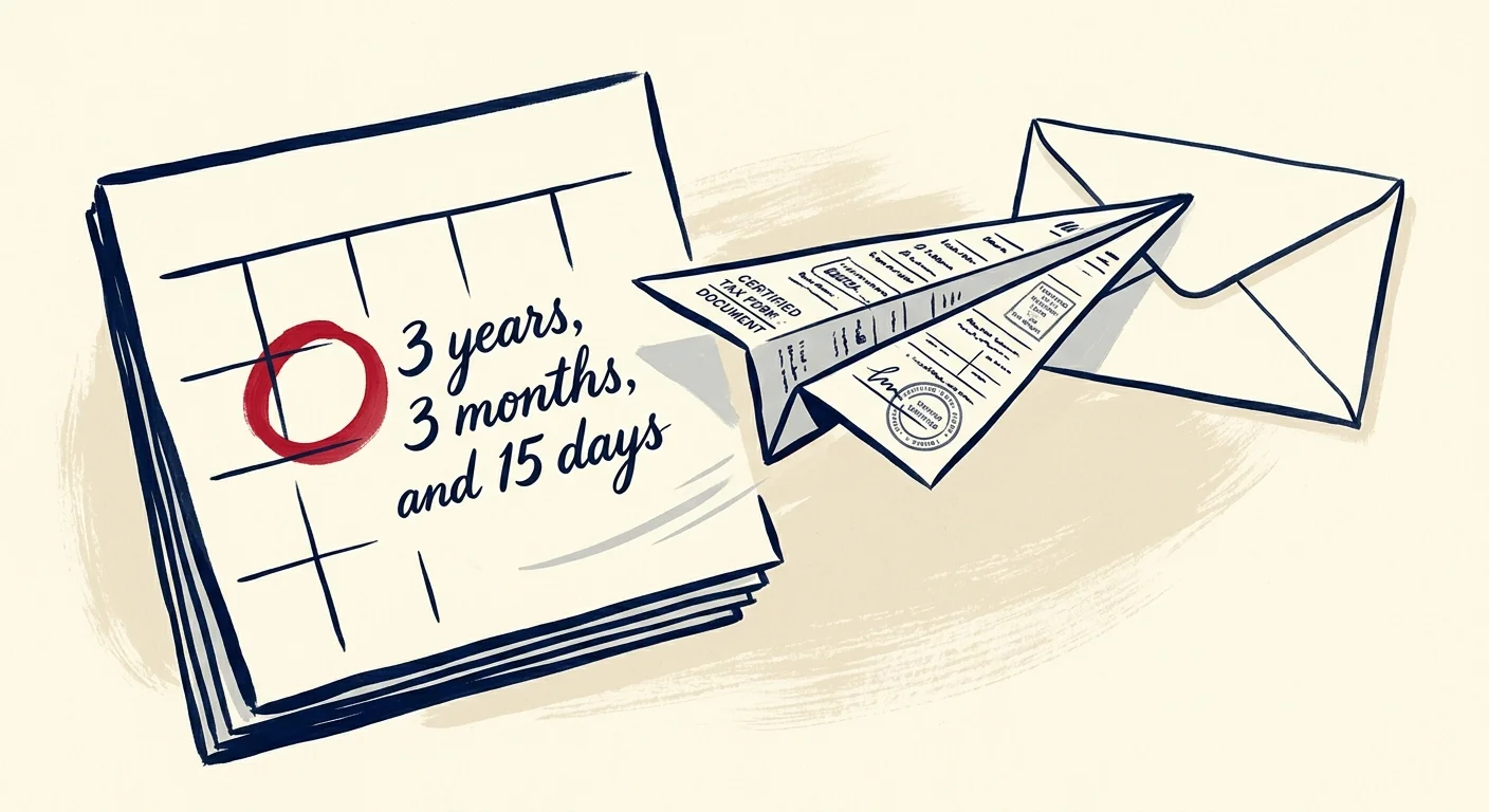 A minimalist gouache illustration showing a calendar circled in red with a paper airplane made of tax documents flying toward an envelope.