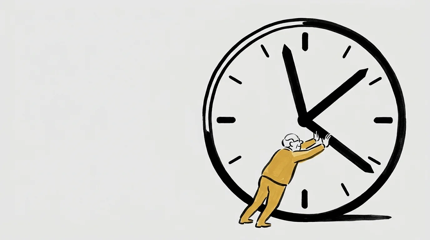 A minimalist gouache illustration showing a small person trying to stop the giant hand of a clock, symbolizing schedule control.