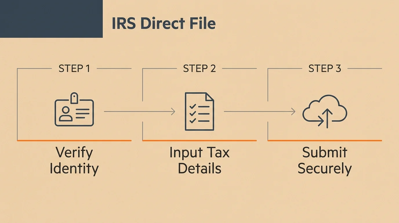 A minimalist horizontal flowchart showing the three steps of the IRS Direct File system.