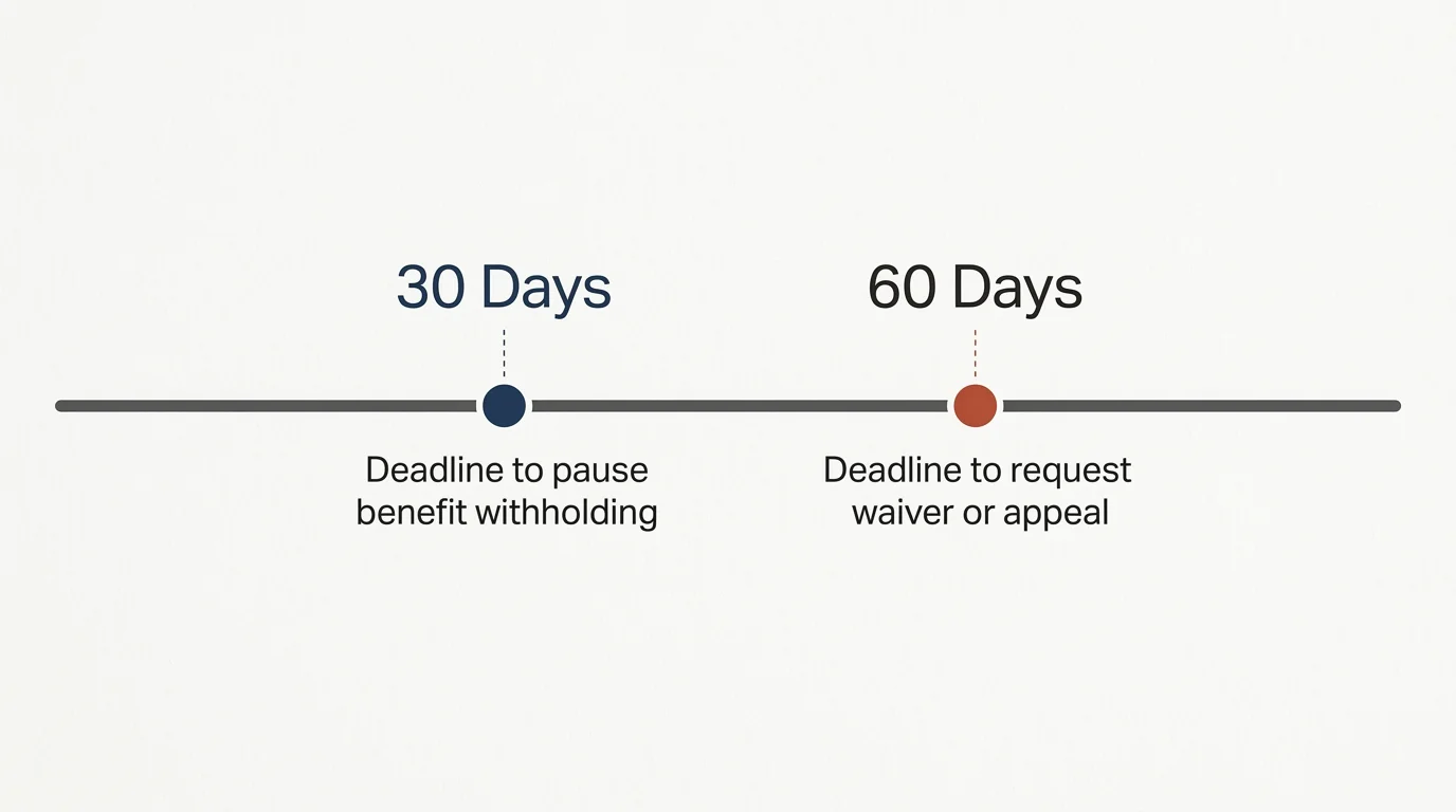 A minimalist horizontal timeline showing the critical 30-day and 60-day deadlines.