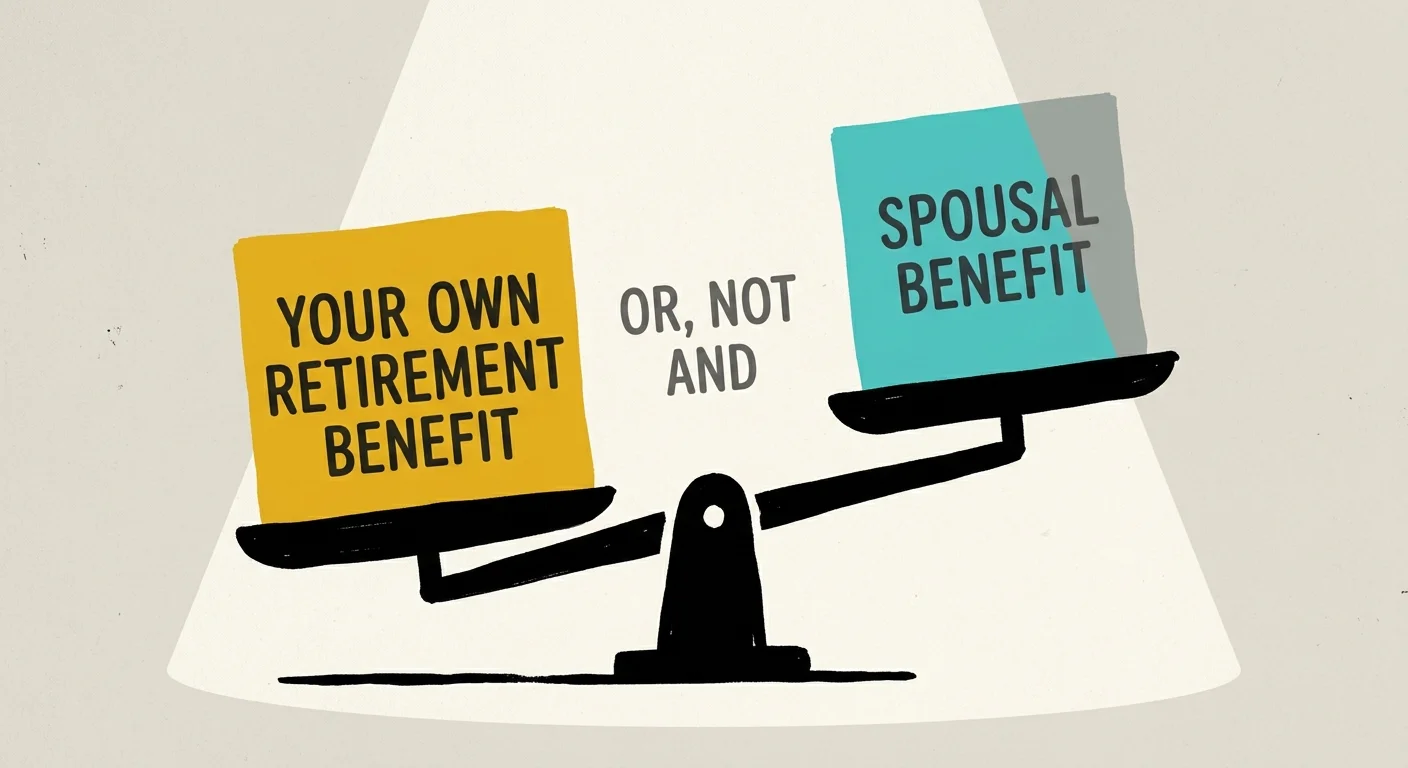 A minimalist illustration of a balance scale showing that you receive the higher of your own benefit or your spousal benefit.