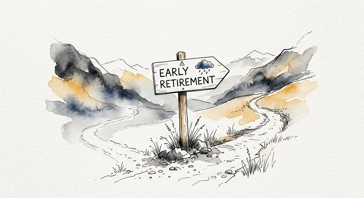 A minimalist ink and watercolor illustration of a trail signpost with a warning symbol pointing toward early retirement.