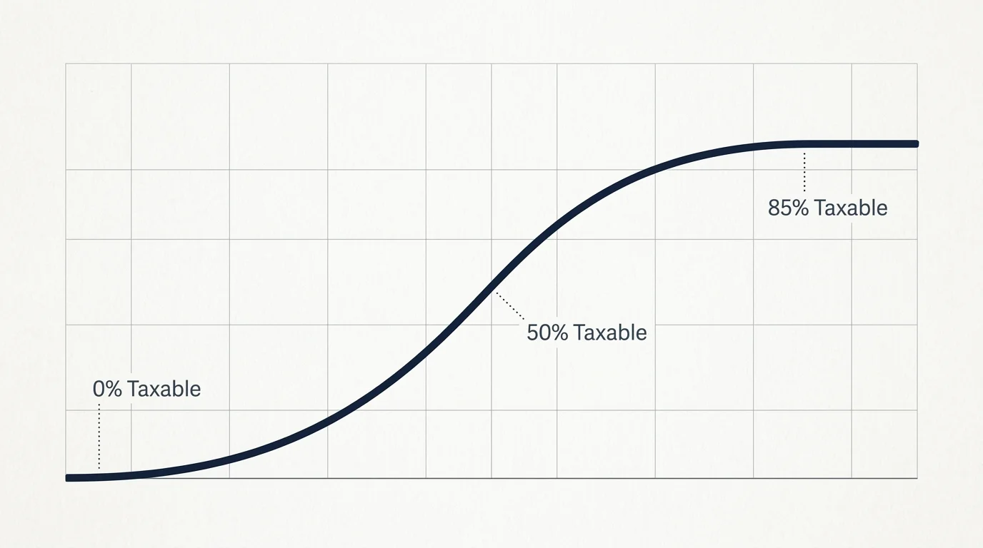 A minimalist line graph demonstrating the sliding scale curve of Social Security taxation from 0 percent to 50 percent and 85 percent.