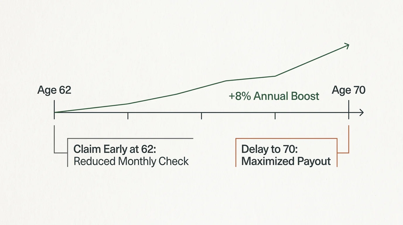 A minimalist timeline diagram comparing the financial impacts of claiming Social Security at Age 62 versus Age 70.