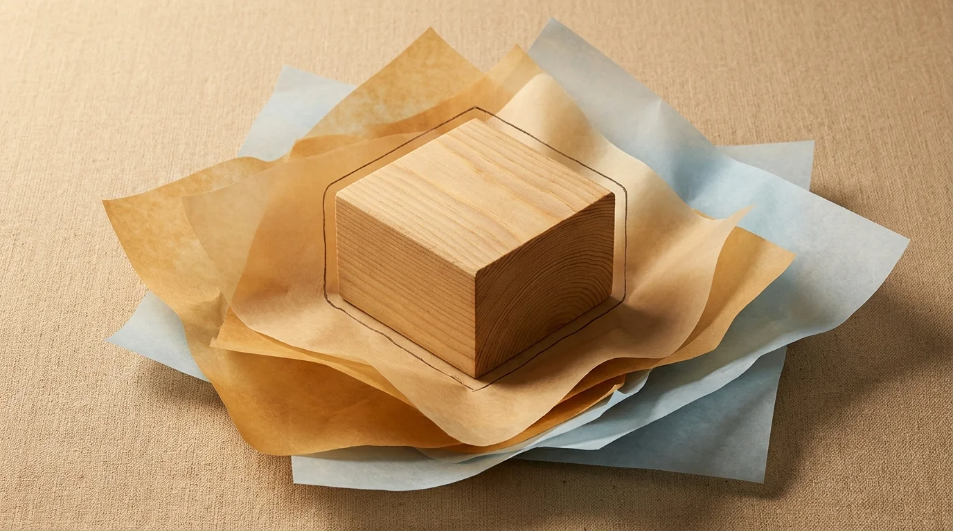 A mixed-media collage featuring a solid wooden block labeled Basis / Principal surrounded by translucent floating amber shapes.