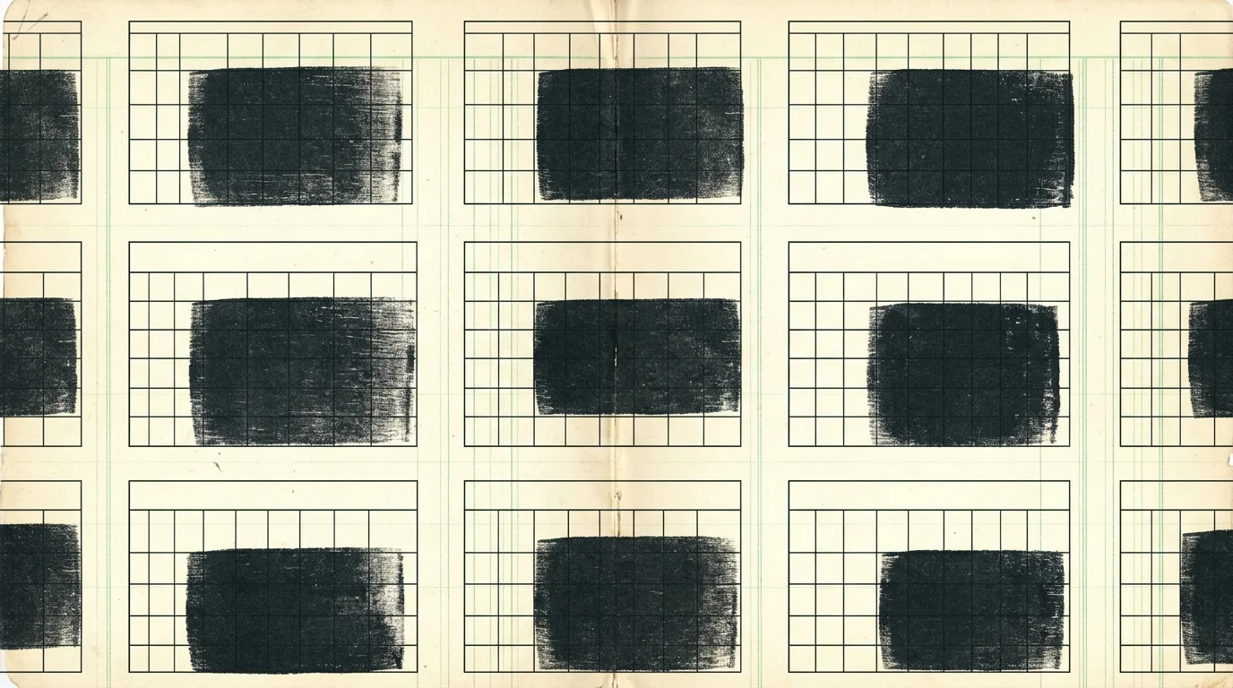 A mixed-media collage featuring calendar grids printed on ledger paper with heavy charcoal ink blocks stamped over them.