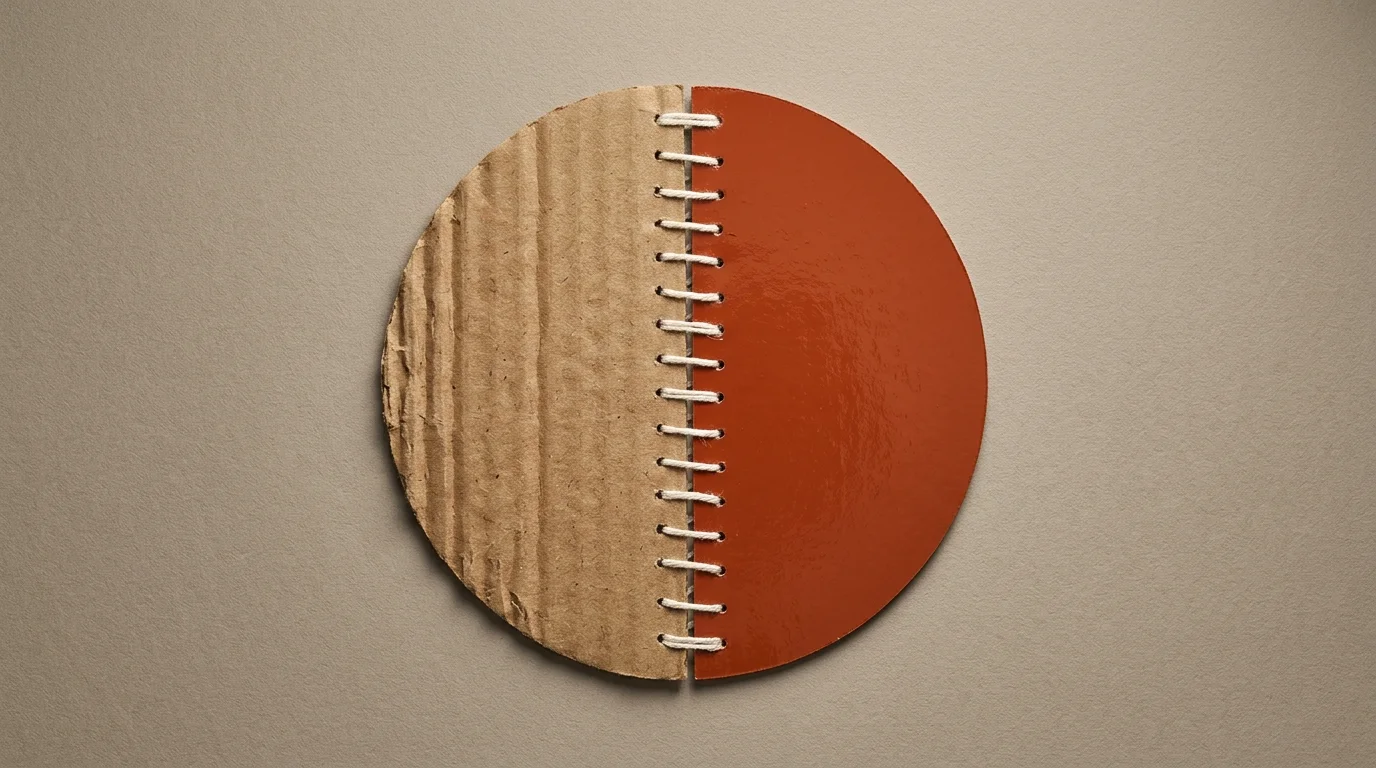A mixed-media collage of a split circle, with one textured cardboard half and one glossy terracotta half stitched together.