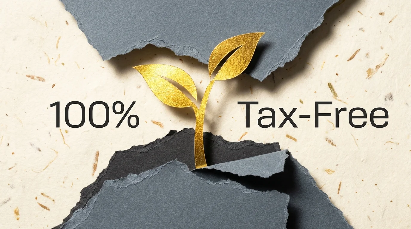 A mixed-media paper collage showing a golden metallic sprout breaking through gray paper layers with the text 100% Tax-Free.