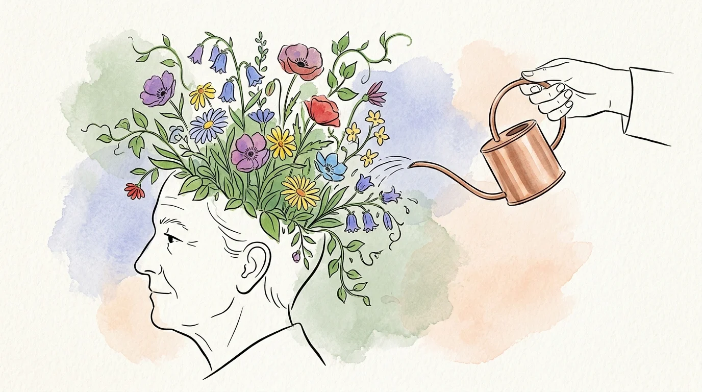 A New Yorker style watercolor illustration of a garden growing from a profile silhouette, symbolizing active cognitive health.