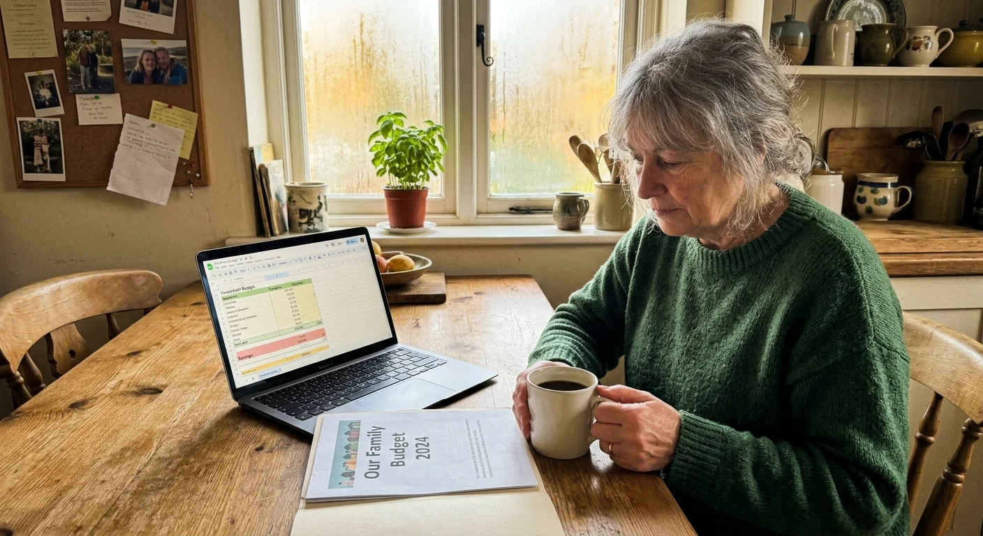 A person looking over financial planning folders at a cozy, sunlit wooden kitchen table next to a laptop.