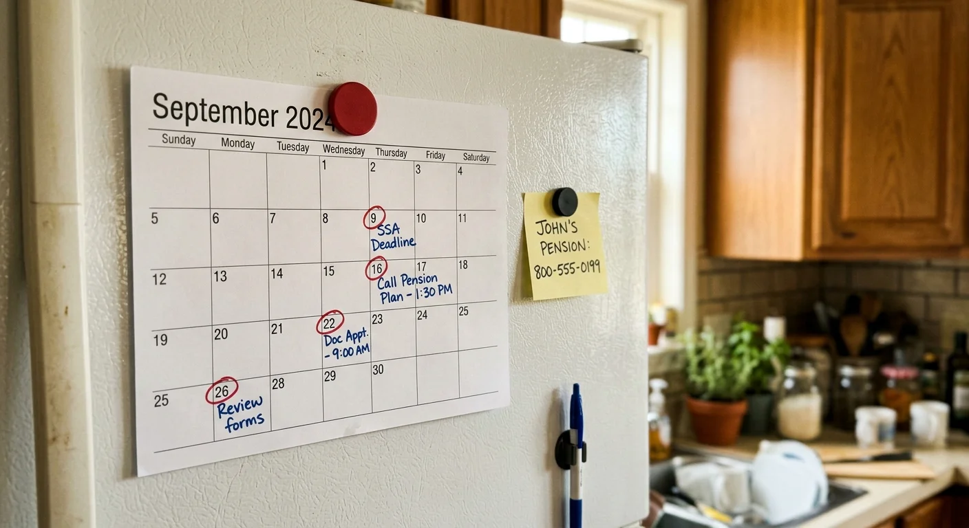 A photo of a kitchen calendar with dates circled in red and handwritten notes about benefit deadlines.