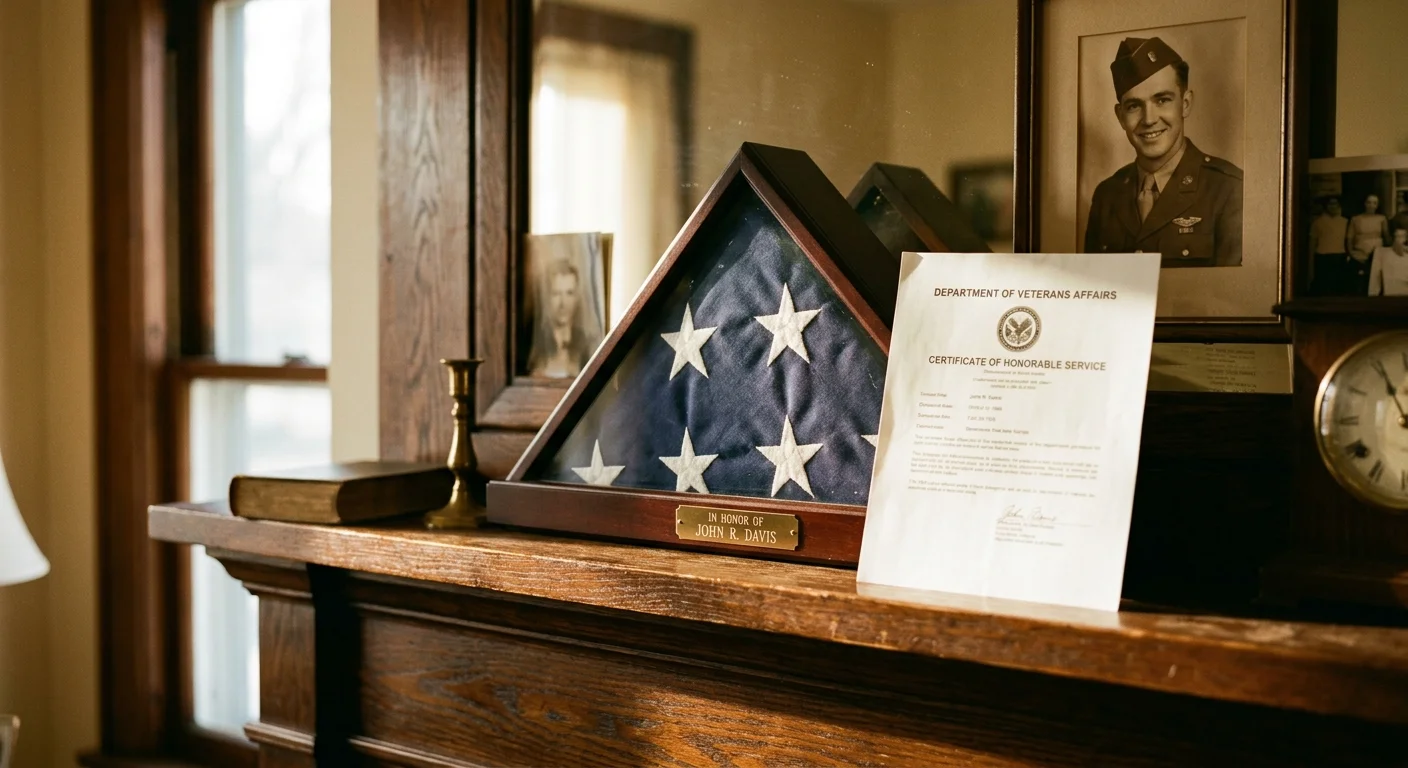A photograph of a folded American flag on a wooden mantelpiece beside a Department of Veterans Affairs document.