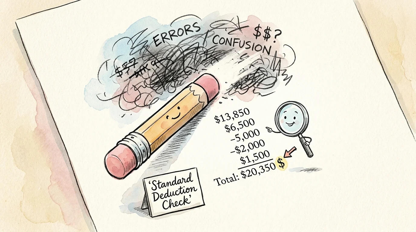 A playful illustration of a pencil eraser cleaning up a messy tax scribble.