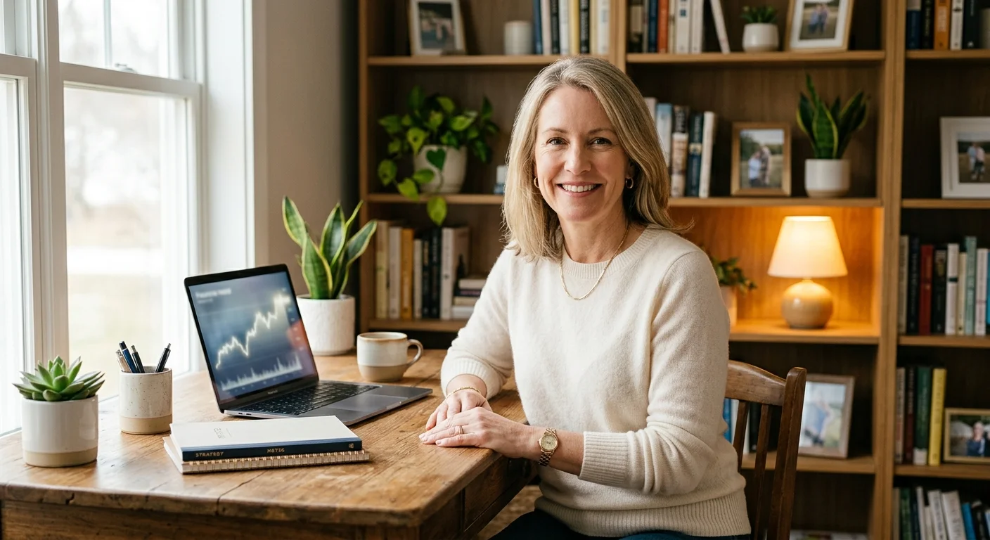A professional female financial planner in a cream sweater smiles warmly from her cozy, book-lined home office.