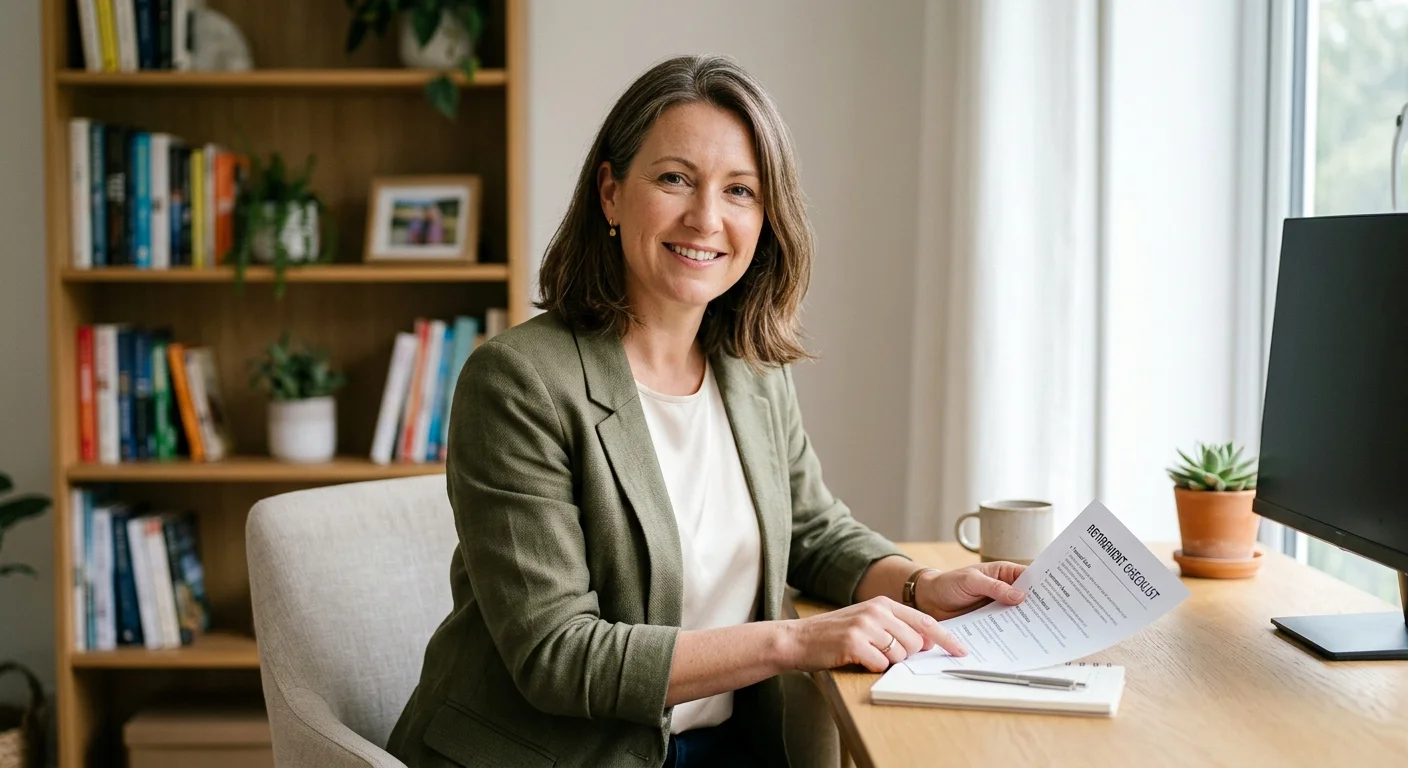 A professional financial advisor reviews a retirement checklist in a warm, sunlit home office.