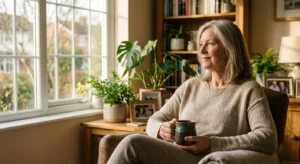 A reflective woman in her early 60s sits in her sunlit living room, holding a ceramic mug and looking out the window.